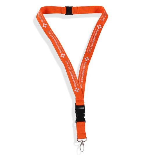 Orange lanyard with a black clip on a white background